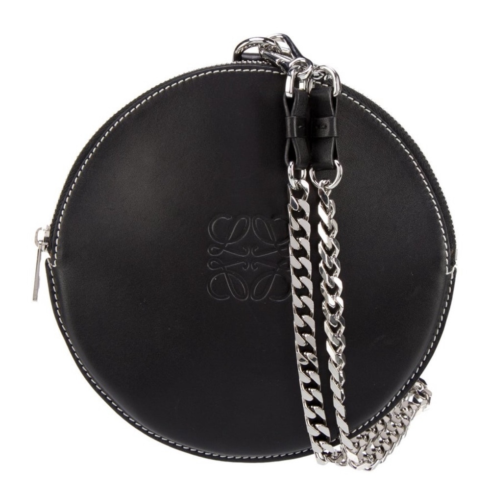 Loewe Black Round Leather Crossbody Bag with Silver Chain